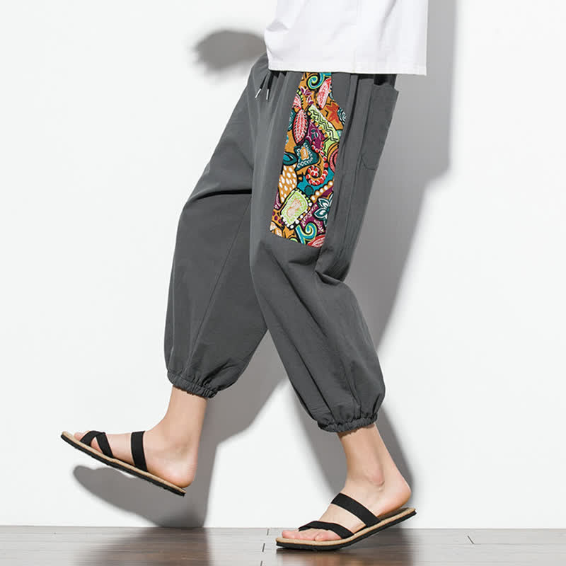 Buddha Stones Pantaloni Capri estivi casual boho con coulisse e stampa astratta, pantaloni harem da uomo con tasca - image 7