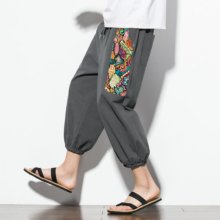 Buddha Stones Pantaloni Capri estivi casual boho con coulisse e stampa astratta, pantaloni harem da uomo con tasca - image 7