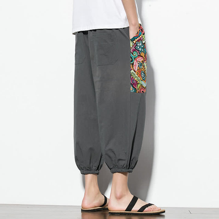 Buddha Stones Pantaloni Capri estivi casual boho con coulisse e stampa astratta, pantaloni harem da uomo con tasca - image 4