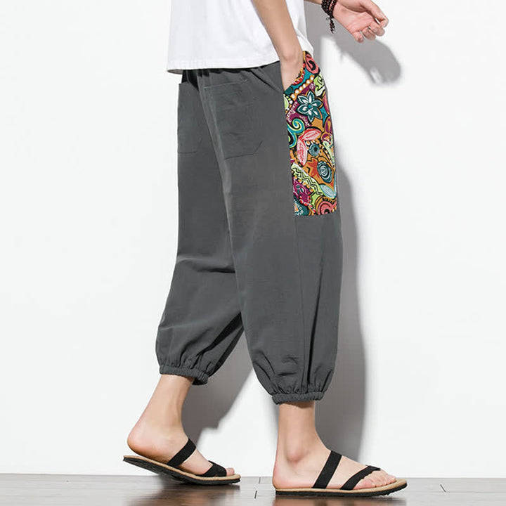 Buddha Stones Pantaloni Capri estivi casual boho con coulisse e stampa astratta, pantaloni harem da uomo con tasca - image 3