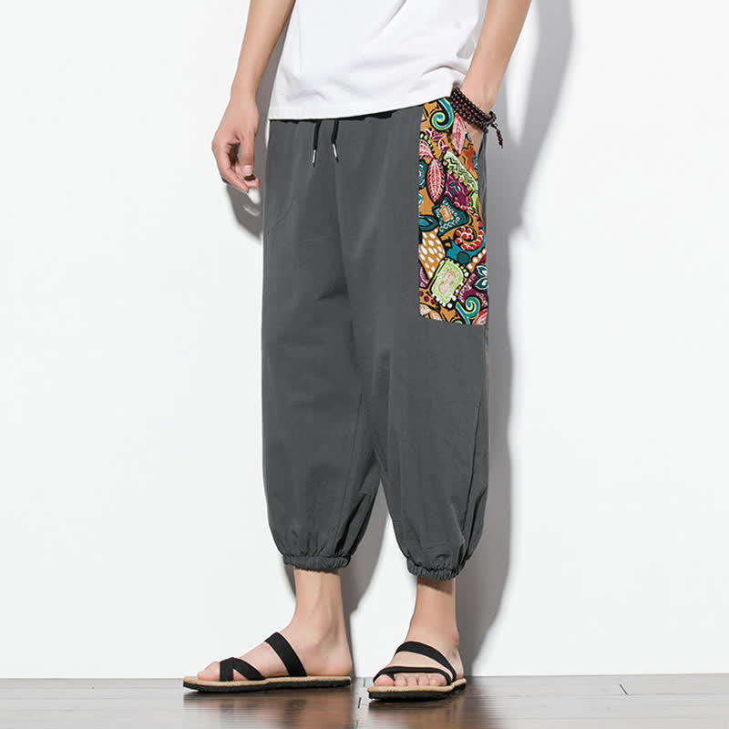 Buddha Stones Pantaloni Capri estivi casual boho con coulisse e stampa astratta, pantaloni harem da uomo con tasca - image 5