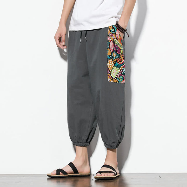 Buddha Stones Pantaloni Capri estivi casual boho con coulisse e stampa astratta, pantaloni harem da uomo con tasca - image 5