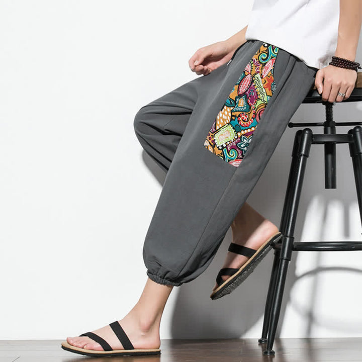 Buddha Stones Pantaloni Capri estivi casual boho con coulisse e stampa astratta, pantaloni harem da uomo con tasca - image 8