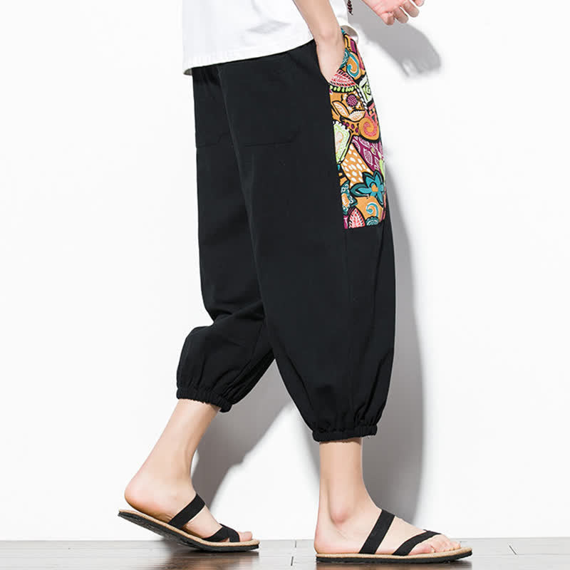Buddha Stones Pantaloni Capri estivi casual boho con coulisse e stampa astratta, pantaloni harem da uomo con tasca - image 17