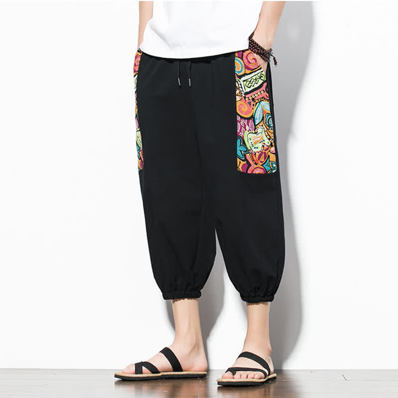 Buddha Stones Pantaloni Capri estivi casual boho con coulisse e stampa astratta, pantaloni harem da uomo con tasca - image 15