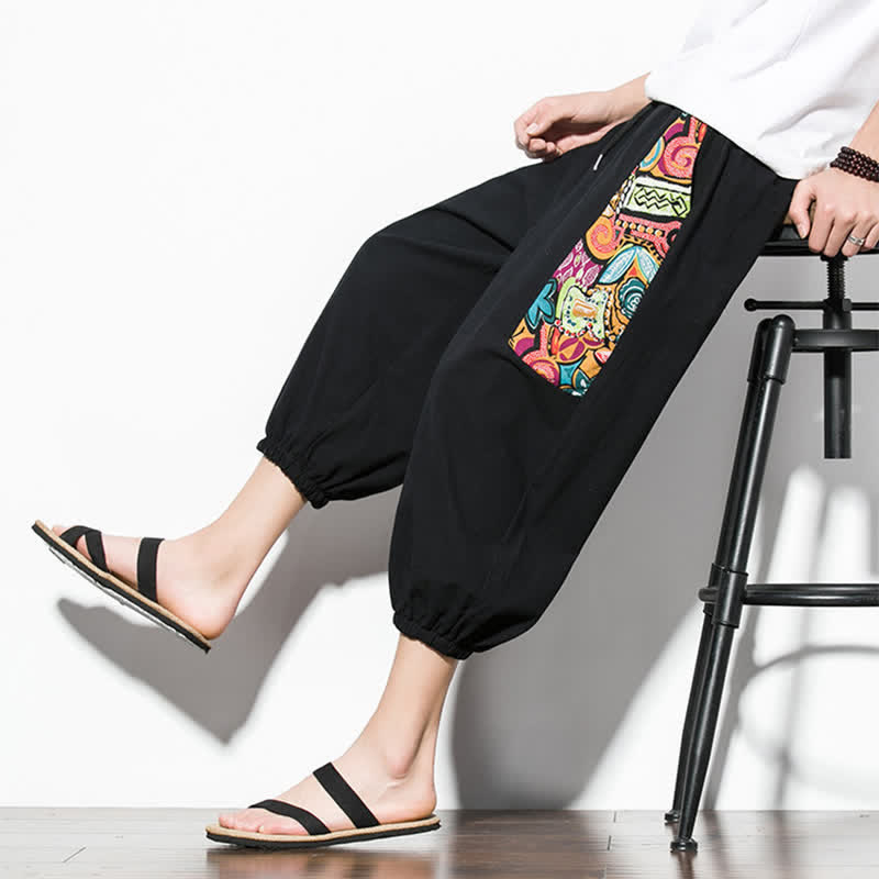 Buddha Stones Pantaloni Capri estivi casual boho con coulisse e stampa astratta, pantaloni harem da uomo con tasca - image 21