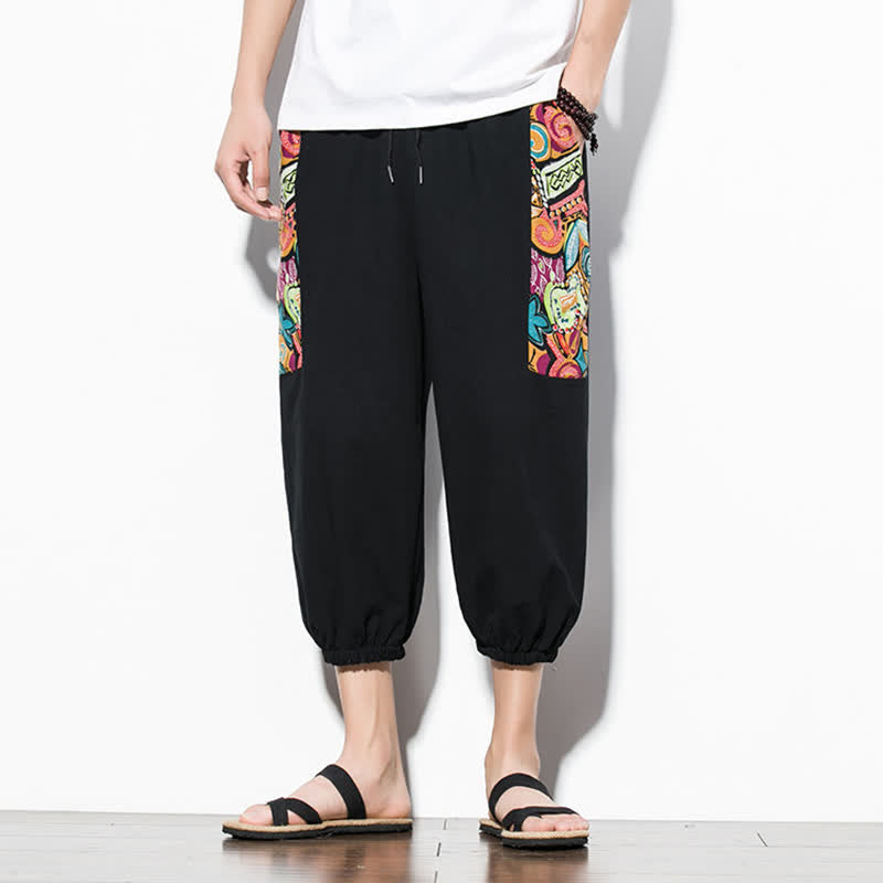 Buddha Stones Pantaloni Capri estivi casual boho con coulisse e stampa astratta, pantaloni harem da uomo con tasca - image 20
