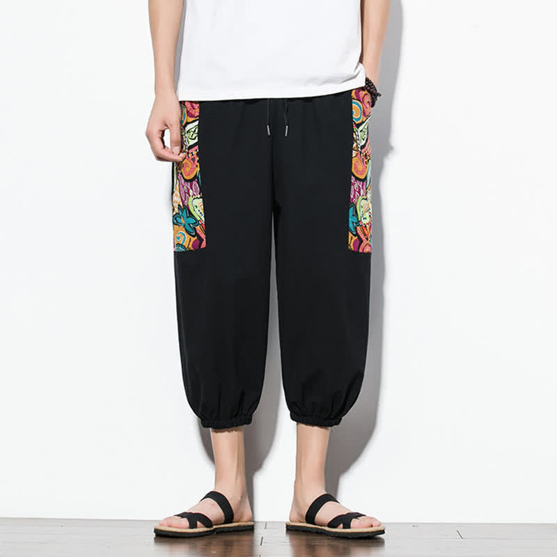 Buddha Stones Pantaloni Capri estivi casual boho con coulisse e stampa astratta, pantaloni harem da uomo con tasca - Nero - US/UK/AU46, EU56 (5XL) - image 13