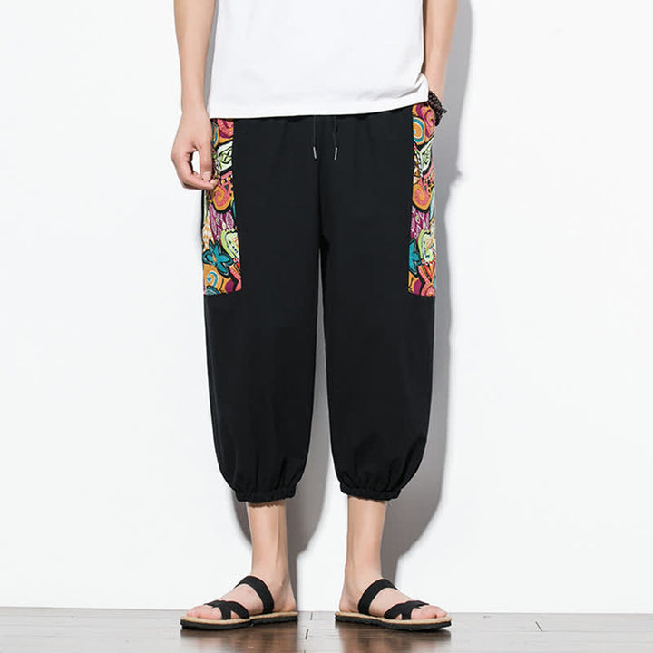 Buddha Stones Pantaloni Capri estivi casual boho con coulisse e stampa astratta, pantaloni harem da uomo con tasca - Nero - US/UK/AU46, EU56 (5XL) - image 13