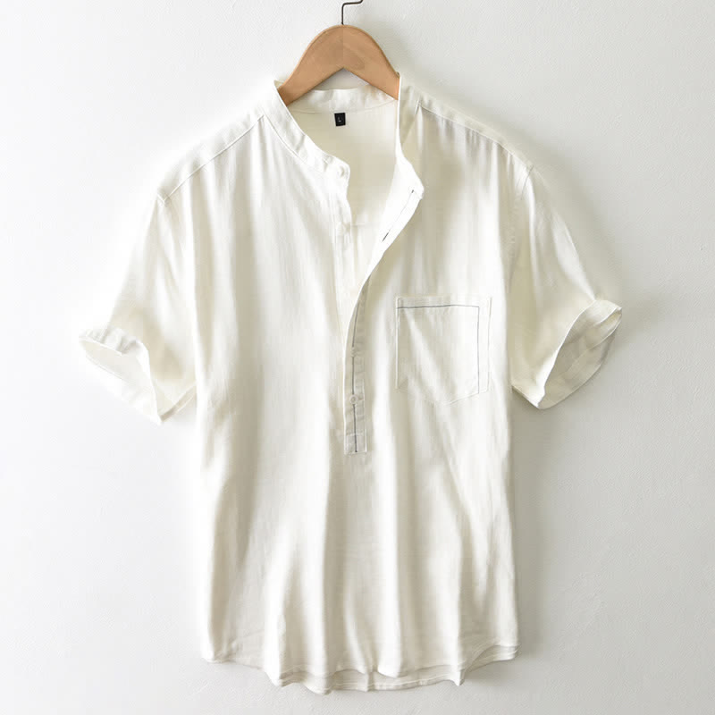 Buddha Stones Camicia da uomo estiva casual a maniche corte con colletto alla coreana, bottoni e taschino, stile Tang. - Bianco antico - US/UK/AU42, EU52 (3XL) - image 0