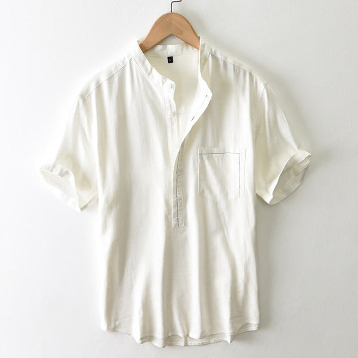 Buddha Stones Camicia da uomo estiva casual a maniche corte con colletto alla coreana, bottoni e taschino, stile Tang. - Bianco antico - US/UK/AU42, EU52 (3XL) - image 0