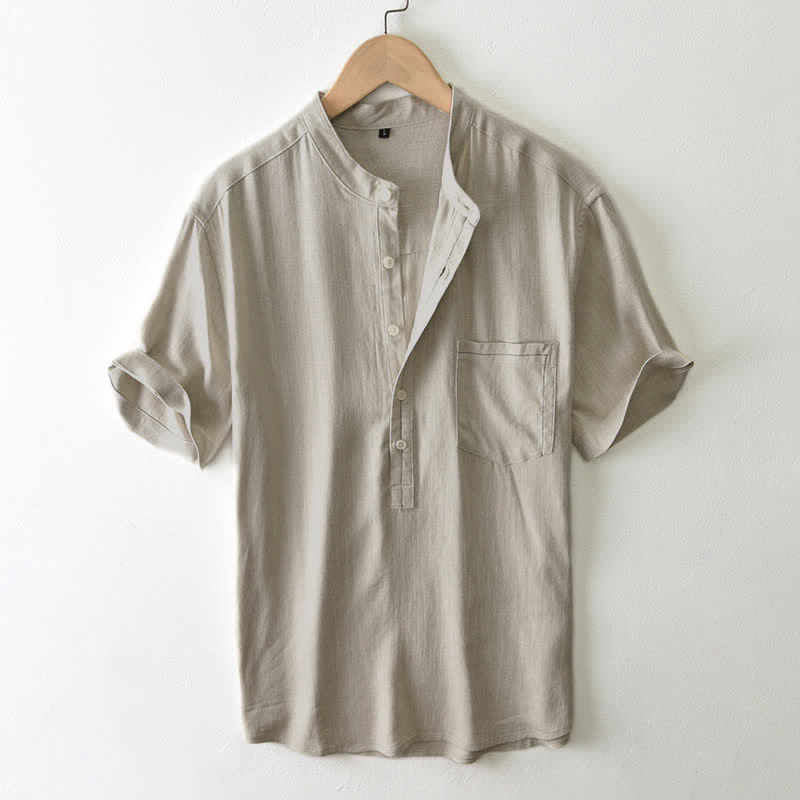 Buddha Stones Camicia da uomo estiva casual a maniche corte con colletto alla coreana, bottoni e taschino, stile Tang. - Tan - US/UK/AU42, EU52 (3XL) - image 8