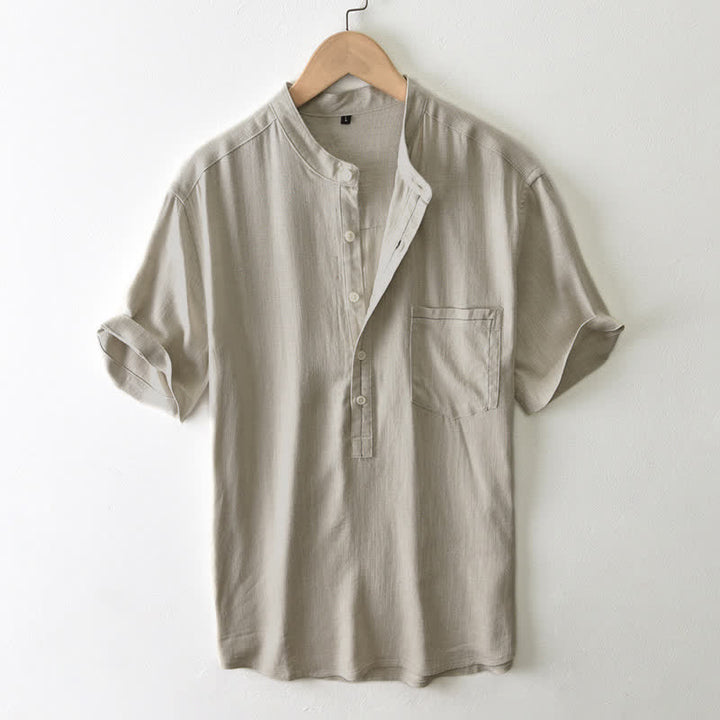 Buddha Stones Camicia da uomo estiva casual a maniche corte con colletto alla coreana, bottoni e taschino, stile Tang. - Tan - US/UK/AU42, EU52 (3XL) - image 8