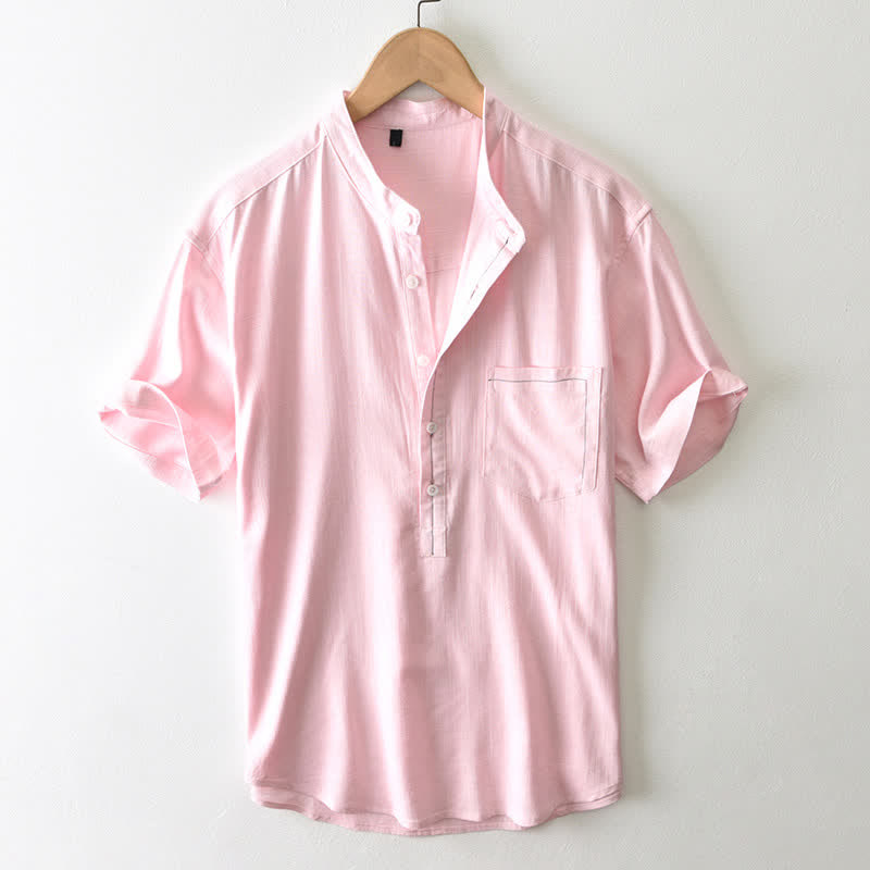 Buddha Stones Camicia da uomo estiva casual a maniche corte con colletto alla coreana, bottoni e taschino, stile Tang. - Rosa chiaro - US/UK/AU42, EU52 (3XL) - image 16