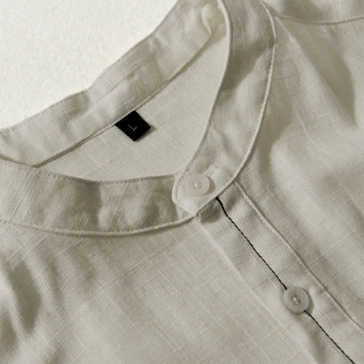 Buddha Stones Camicia da uomo estiva casual a maniche corte con colletto alla coreana, bottoni e taschino, stile Tang. - image 9