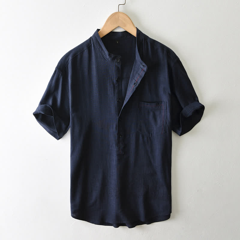 Buddha Stones Camicia da uomo estiva casual a maniche corte con colletto alla coreana, bottoni e taschino, stile Tang. - Blu notte - US/UK/AU42, EU52 (3XL) - image 15