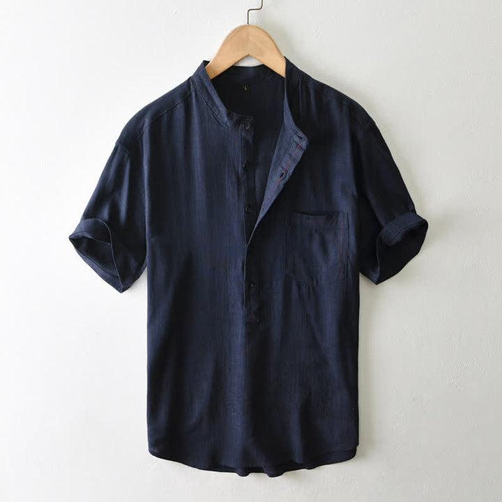 Buddha Stones Camicia da uomo estiva casual a maniche corte con colletto alla coreana, bottoni e taschino, stile Tang. - Blu notte - US/UK/AU42, EU52 (3XL) - image 15