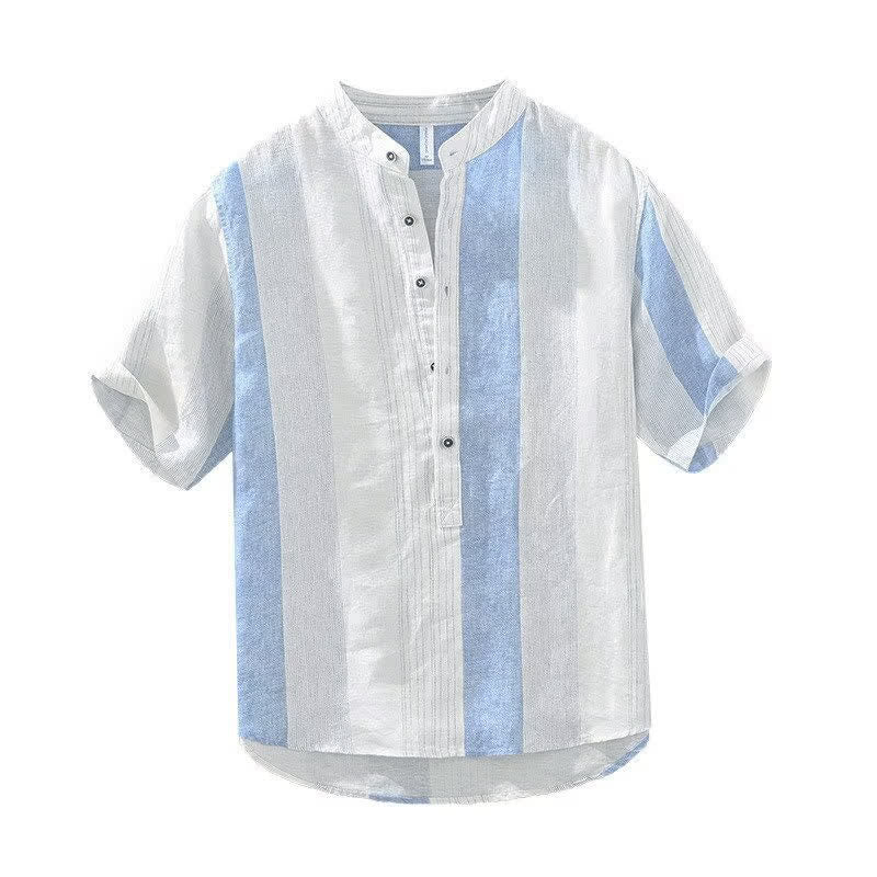 Buddha Stones Camicia da uomo estiva casual a maniche corte con colletto alla coreana e righe, stile Tang. - image 3