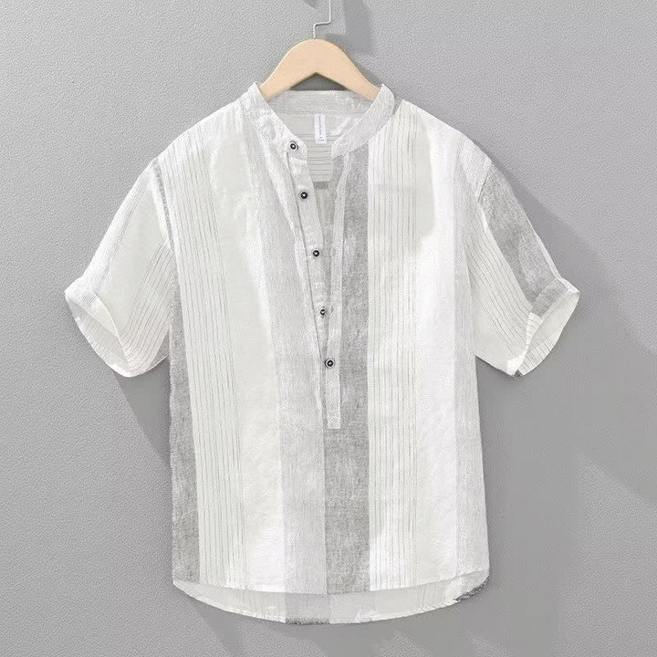 Buddha Stones Camicia da uomo estiva casual a maniche corte con colletto alla coreana e righe, stile Tang. - Fumo bianco - US/UK/AU42, EU52 (3XL) - image 0