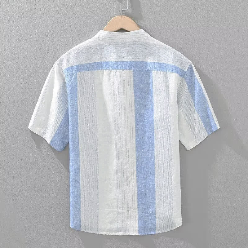 Buddha Stones Camicia da uomo estiva casual a maniche corte con colletto alla coreana e righe, stile Tang. - image 2