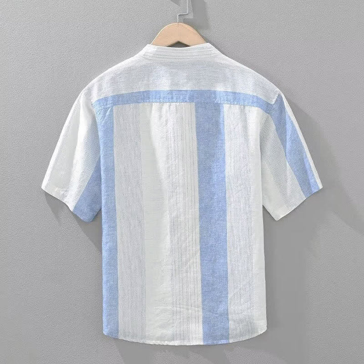 Buddha Stones Camicia da uomo estiva casual a maniche corte con colletto alla coreana e righe, stile Tang. - image 2