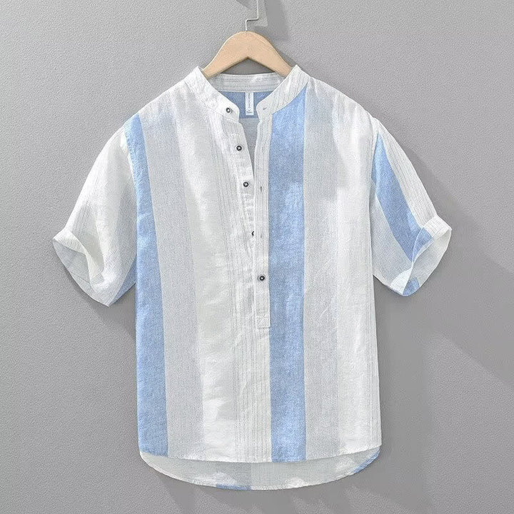 Buddha Stones Camicia da uomo estiva casual a maniche corte con colletto alla coreana e righe, stile Tang. - Azzurro polvere - US/UK/AU42, EU52 (3XL) - image 1