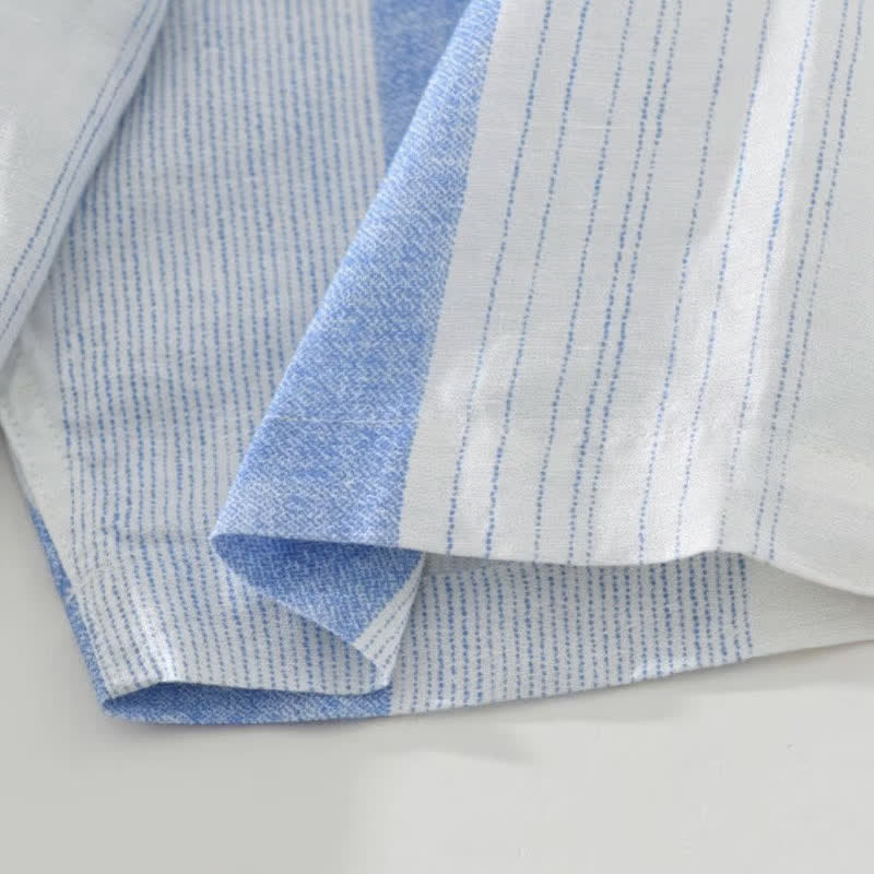 Buddha Stones Camicia da uomo estiva casual a maniche corte con colletto alla coreana e righe, stile Tang. - image 5