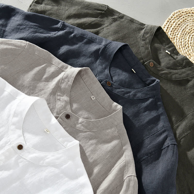 Buddha Stones Camicia da uomo a maniche corte, stile estivo Tang, casual, con colletto alla coreana e bottoni, tinta unita. - image 14