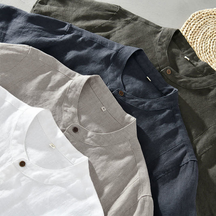 Buddha Stones Camicia da uomo a maniche corte, stile estivo Tang, casual, con colletto alla coreana e bottoni, tinta unita. - image 14