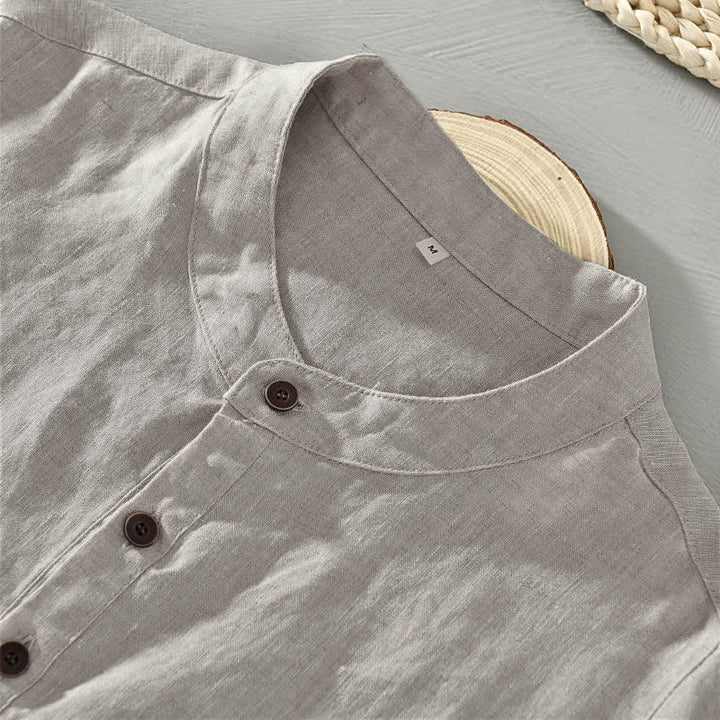 Buddha Stones Camicia da uomo a maniche corte, stile estivo Tang, casual, con colletto alla coreana e bottoni, tinta unita. - image 5