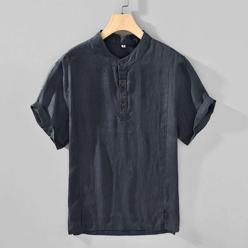 Buddha Stones Camicia da uomo a maniche corte, stile estivo Tang, casual, con colletto alla coreana e bottoni, tinta unita. - image 1