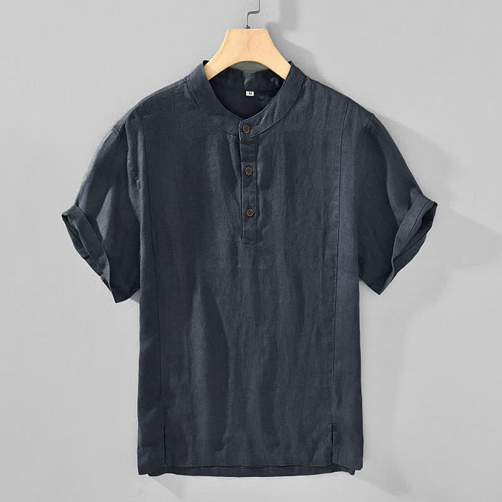 Buddha Stones Camicia da uomo a maniche corte, stile estivo Tang, casual, con colletto alla coreana e bottoni, tinta unita. - image 1