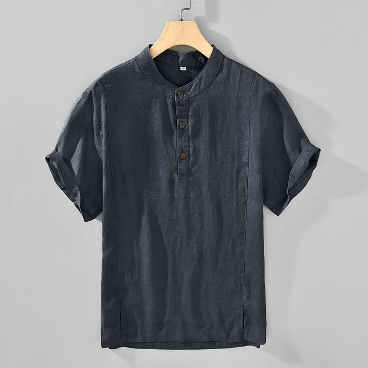 Buddha Stones Camicia da uomo a maniche corte, stile estivo Tang, casual, con colletto alla coreana e bottoni, tinta unita. - Grigio tenue - US/UK/AU44, EU54 (4XL) - image 0