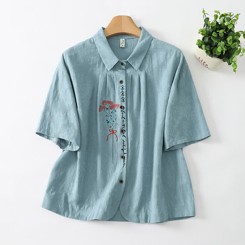 Buddha Stones Camicie estive casual vintage da donna a maniche corte con bottoni e ricami floreali. - Cadetto Blu - US8-10, UK/AU12-14, EU40-42 (2XL) - image 1
