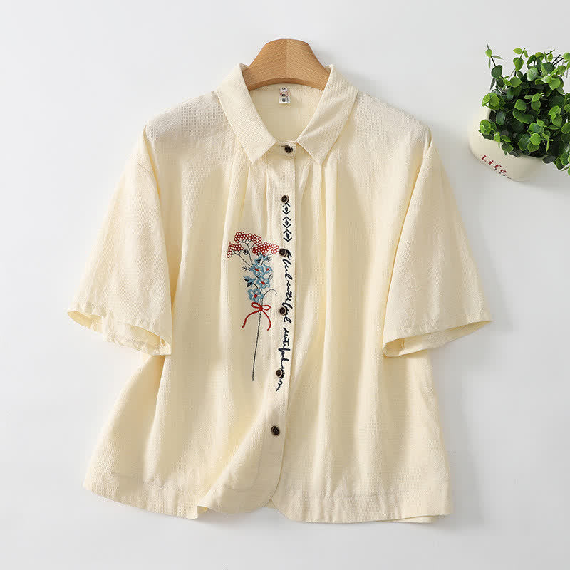 Buddha Stones Camicie estive casual vintage da donna a maniche corte con bottoni e ricami floreali. - Bianco antico - US8-10, UK/AU12-14, EU40-42 (2XL) - image 0
