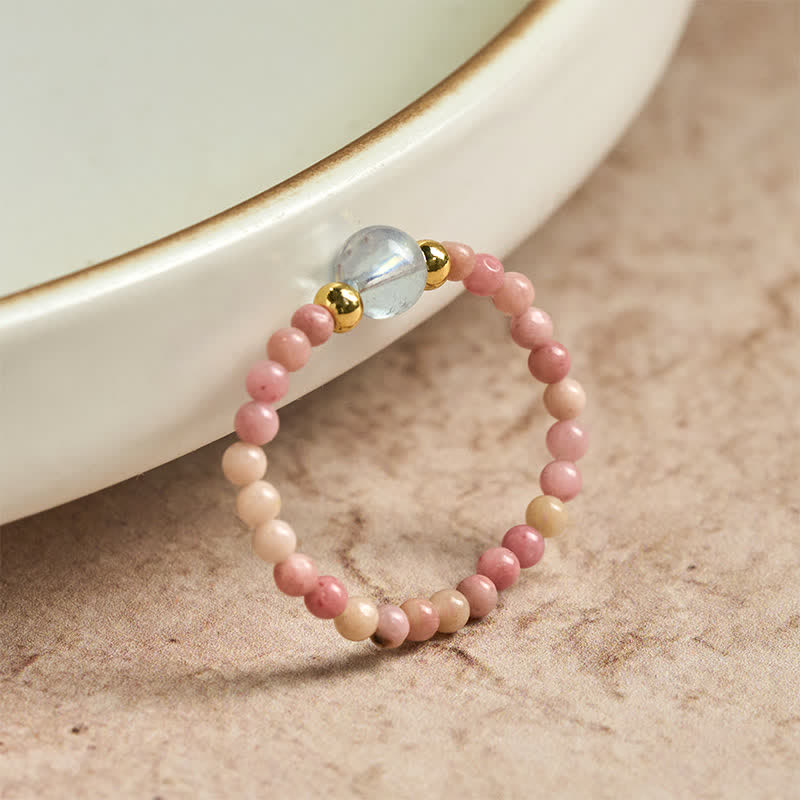 Buddha Stones Anello elastico curativo con mini perline da 2 mm in rodonite naturale, acquamarina, topazio e quarzo rosa. - image 1