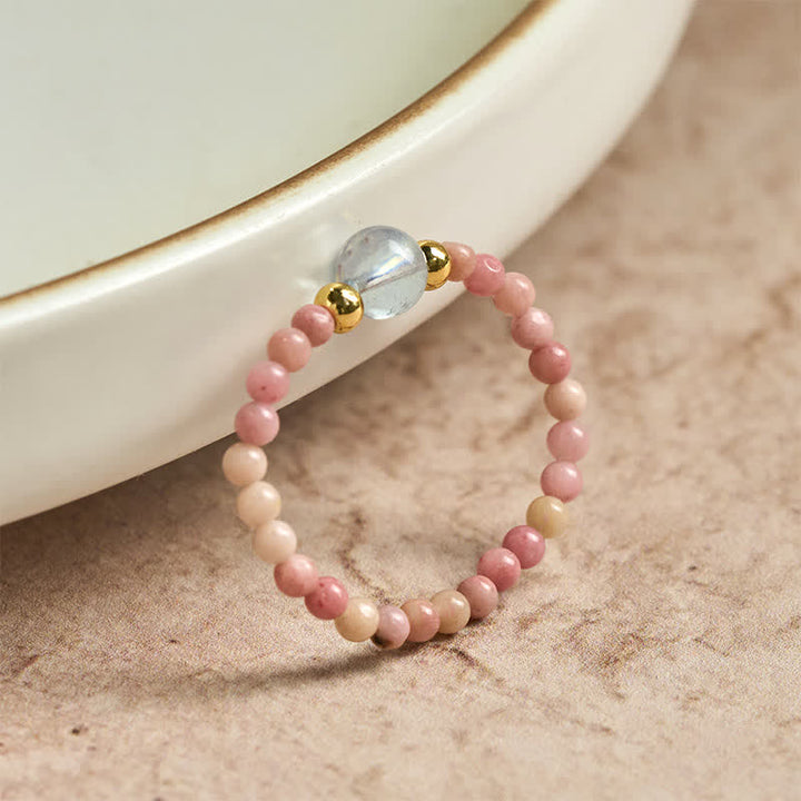 Buddha Stones Anello elastico curativo con mini perline da 2 mm in rodonite naturale, acquamarina, topazio e quarzo rosa. - image 1