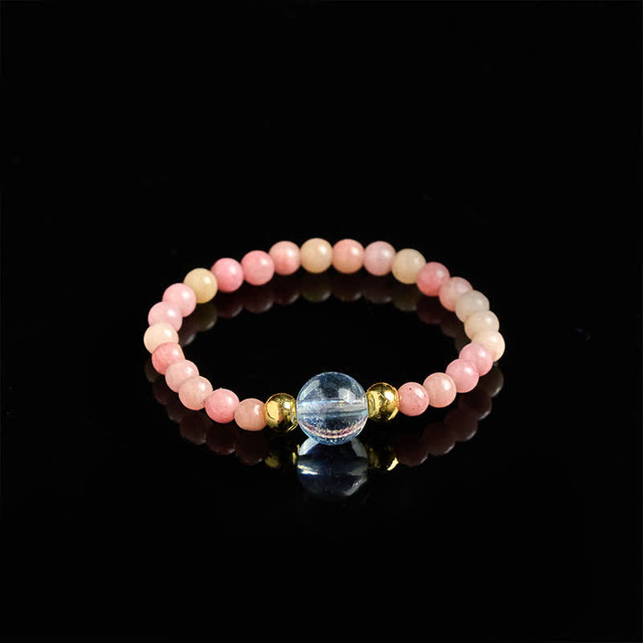 Buddha Stones Anello elastico curativo con mini perline da 2 mm in rodonite naturale, acquamarina, topazio e quarzo rosa. - image 2
