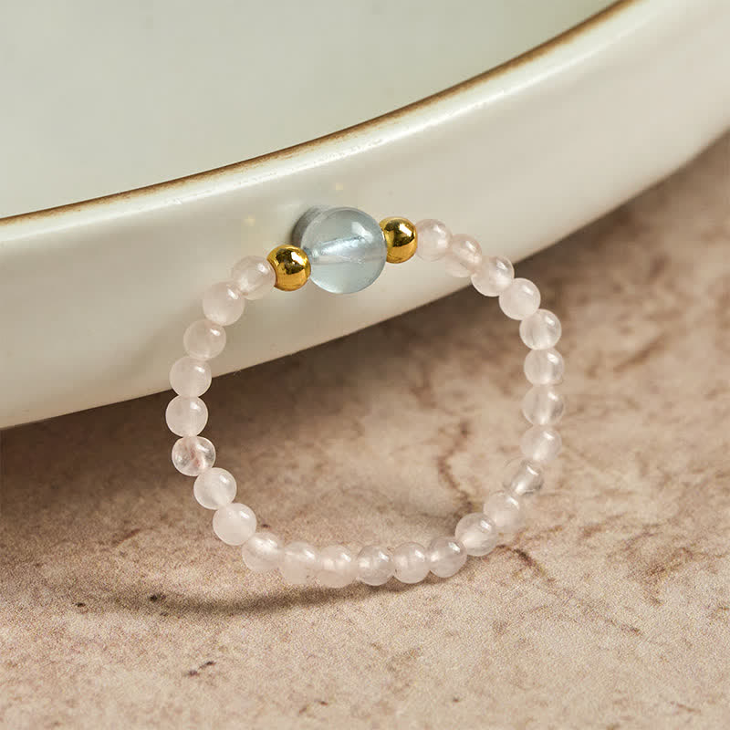 Buddha Stones Anello elastico curativo con mini perline da 2 mm in rodonite naturale, acquamarina, topazio e quarzo rosa. - image 14