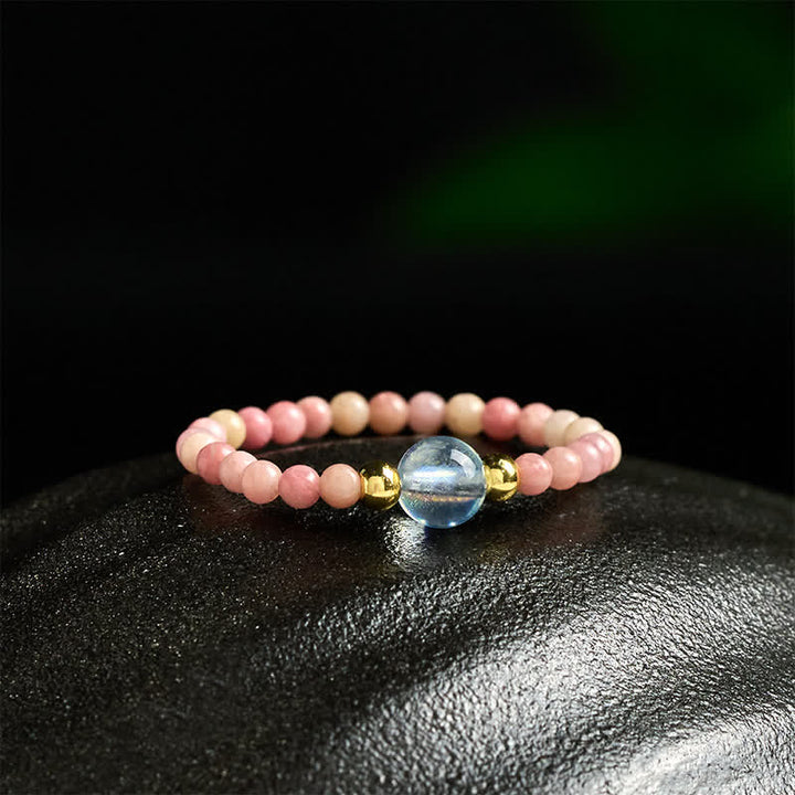 Buddha Stones Anello elastico curativo con mini perline da 2 mm in rodonite naturale, acquamarina, topazio e quarzo rosa. - image 3