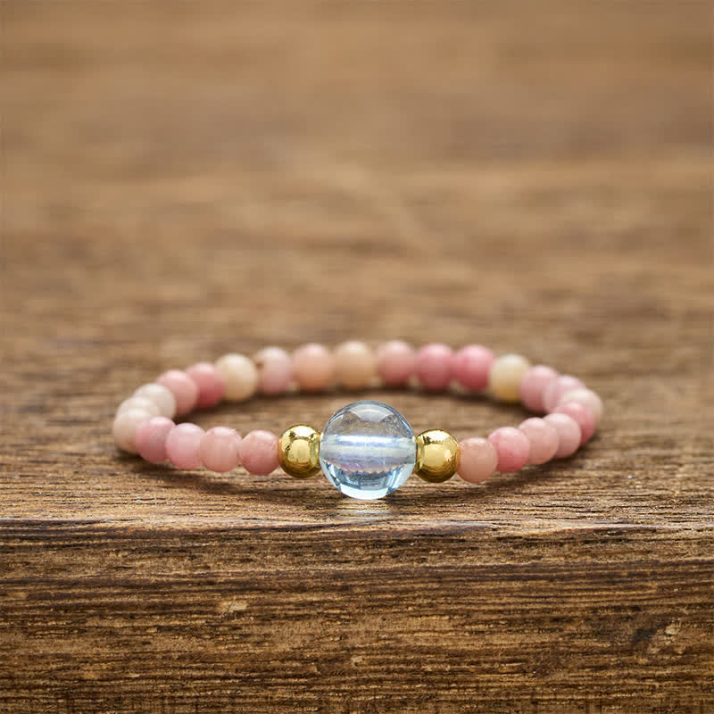 Buddha Stones Anello elastico curativo con mini perline da 2 mm in rodonite naturale, acquamarina, topazio e quarzo rosa. - Rodonite naturale (il colore può variare) + Acquamarina naturale (il colore può variare) (2 mm + 4 mm) - image 0