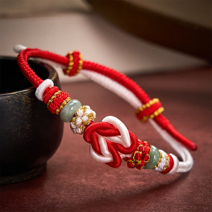 Buddha Stones Braccialetto con cordino intrecciato a mano con nodo a cuore e giada portafortuna. - Rosso Bianco (Circonferenza del polso 15-19 cm) - image 9