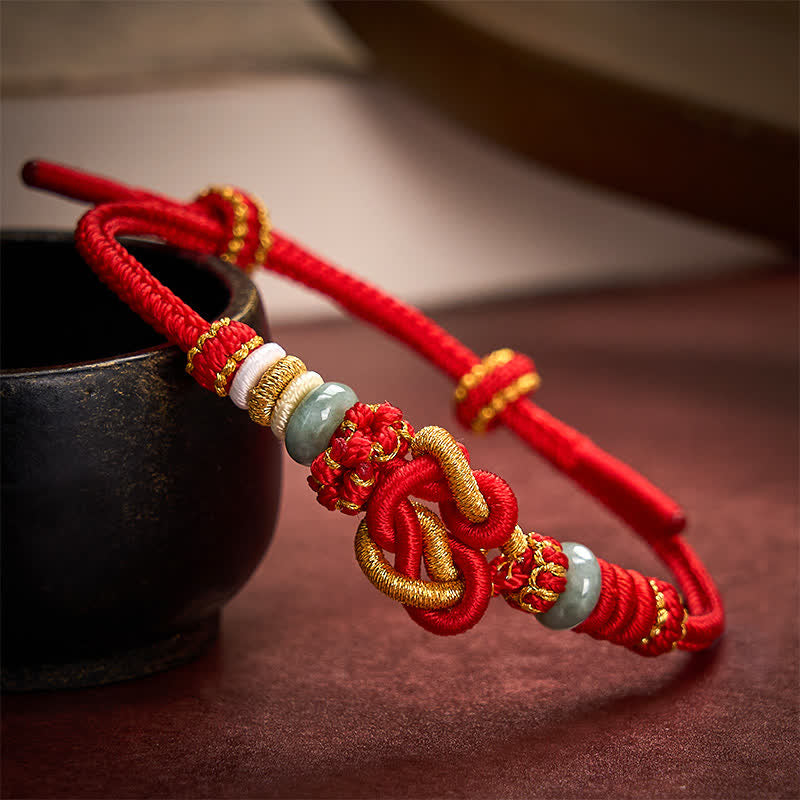 Buddha Stones Braccialetto con cordino intrecciato a mano con nodo a cuore e giada portafortuna. - Oro rosso (circonferenza del polso 15-19 cm) - image 0