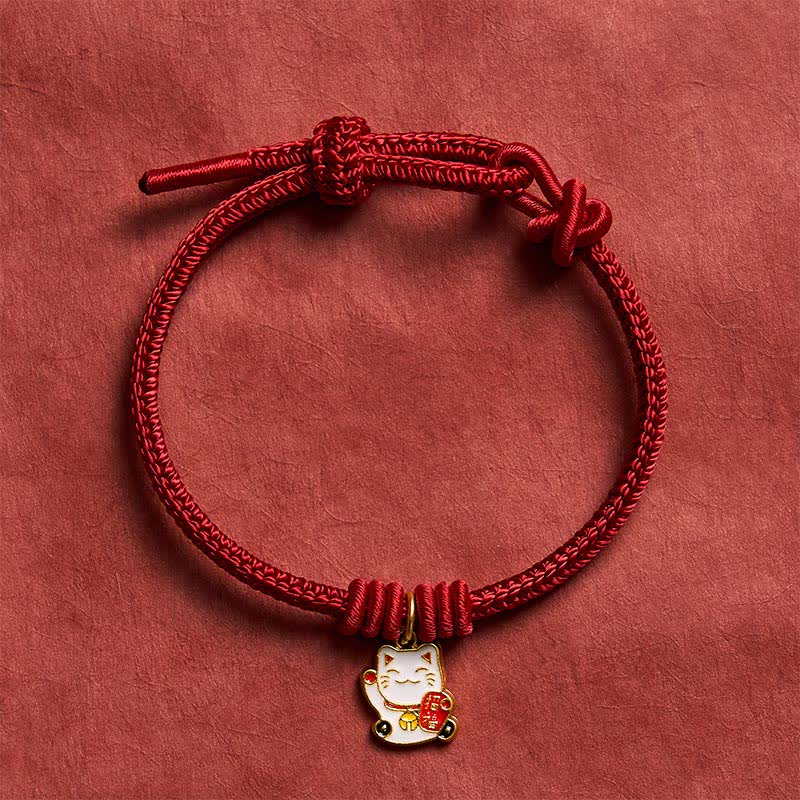 Buddha Stones Braccialetto regolabile con ciondolo a forma di gatto portafortuna Fu, realizzato a mano con cordino rosso intrecciato e simbolo di buona fortuna. - image 1