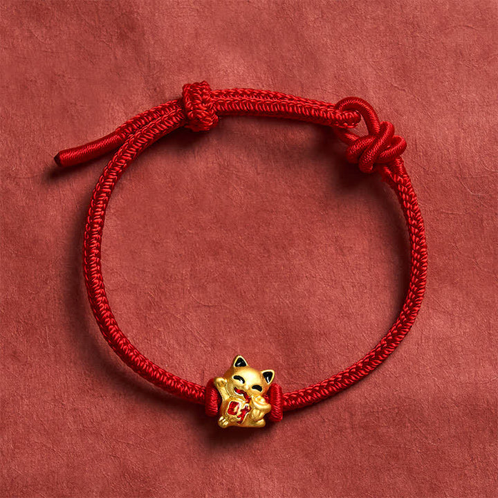 Buddha Stones Braccialetto regolabile con gatto portafortuna dorato e cordino rosso intrecciato, fatto a mano. - Rosso - 5,91-7,48 pollici (15-19 cm) - image 0