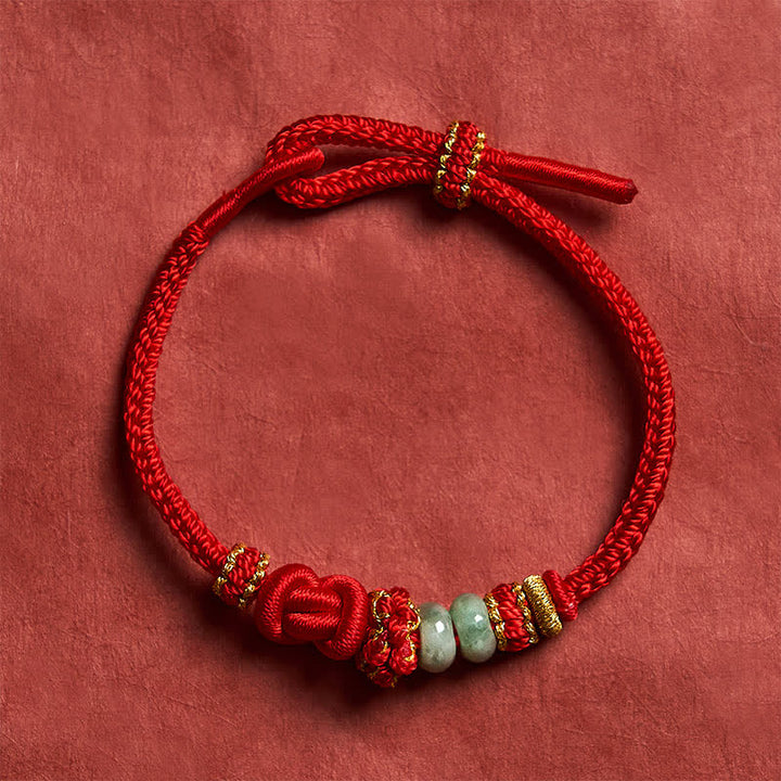 Buddha Stones Braccialetto regolabile intrecciato a mano in giada con nodo cinese portafortuna. - Rosso - 15-19 cm - image 0
