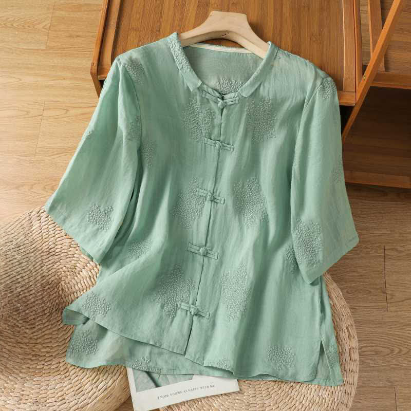 Buddha Stones Camicia da donna a maniche corte, tinta unita, stile vintage Tang, con colletto alla coreana e bottoni a rana ricamati, ideale per l'estate. - Verde Mare Scuro - US8-10, UK/AU12-14, EU40-42 (2XL) - image 0