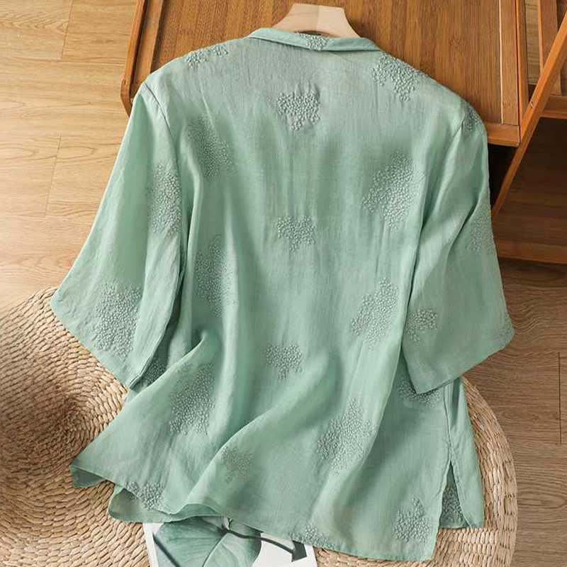 Buddha Stones Camicia da donna a maniche corte, tinta unita, stile vintage Tang, con colletto alla coreana e bottoni a rana ricamati, ideale per l'estate. - image 1