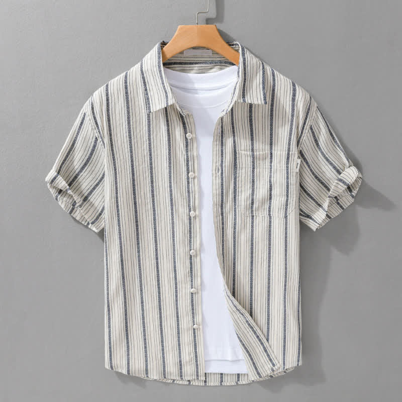 Buddha Stones Camicia da uomo estiva casual a maniche corte in cotone a righe con bottoni e taschino applicato - Bianco antico - US/UK/AU42, EU52 (3XL) - image 0