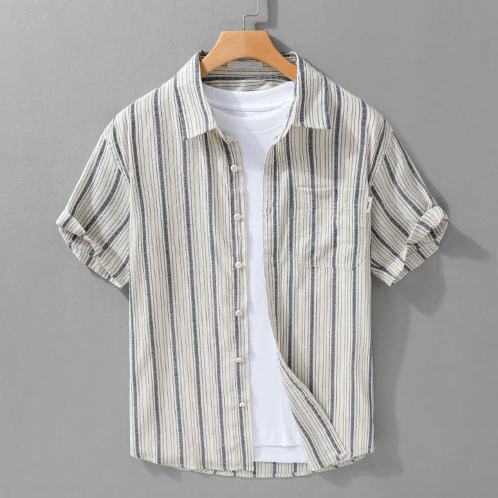 Buddha Stones Camicia da uomo estiva casual a maniche corte in cotone a righe con bottoni e taschino applicato - Bianco antico - US/UK/AU42, EU52 (3XL) - image 0